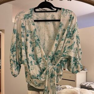 Zara Green and White Floral Wrap Blouse